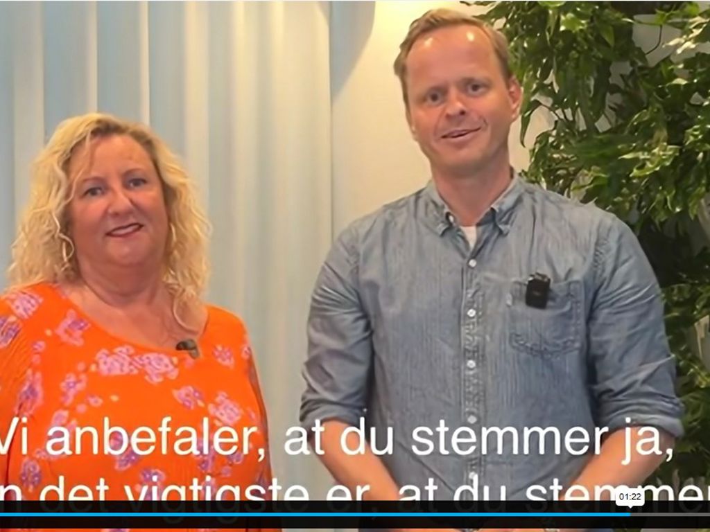 Kasper Skovgaard Pedersen og Mette Balck Mejlby fra Finansforbundet i Nordeas formandskab - screenshot fra video om den nye virksomhedsoverenskomst