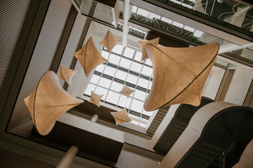 Lamper hænger fra loftet i åbent atrium.