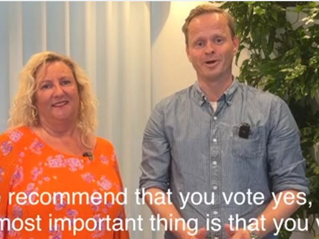 Kasper Skovgaard Pedersen og Mette Balck Mejlby fra Finansforbundet i Nordeas formandskab - screenshot fra video om den nye virksomhedsoverenskomst