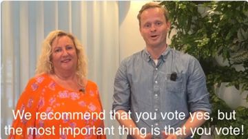 Kasper Skovgaard Pedersen og Mette Balck Mejlby fra Finansforbundet i Nordeas formandskab - screenshot fra video om den nye virksomhedsoverenskomst